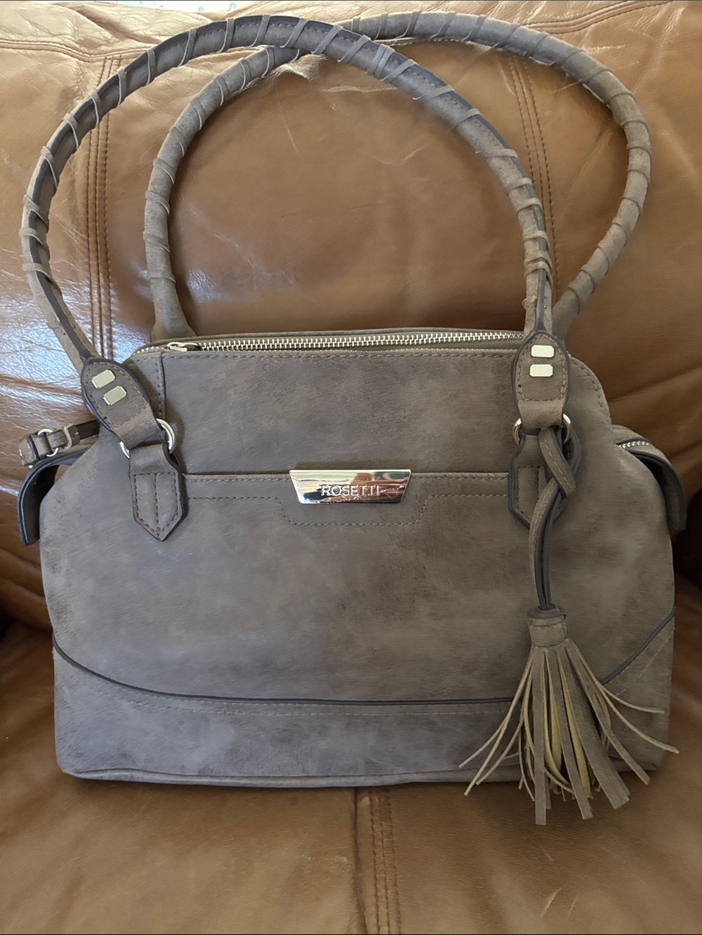 Rosetti Taupe Faux-Leather Satchel with Braided Handles and Tassel Accent